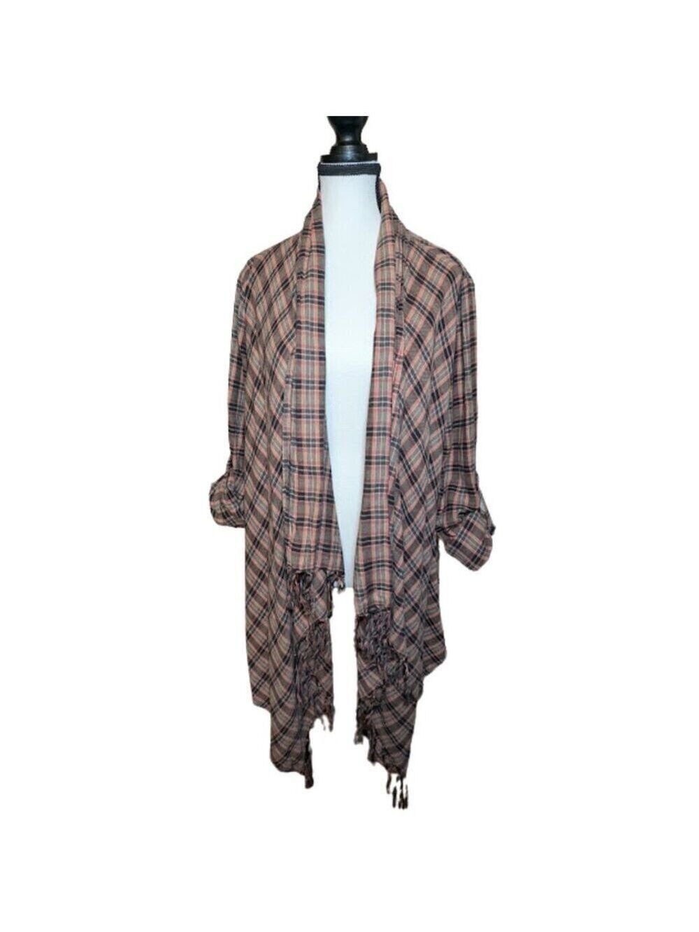 Billabong Plaid Drape Front Fringe Cardigan – 100% Cotton – Size M